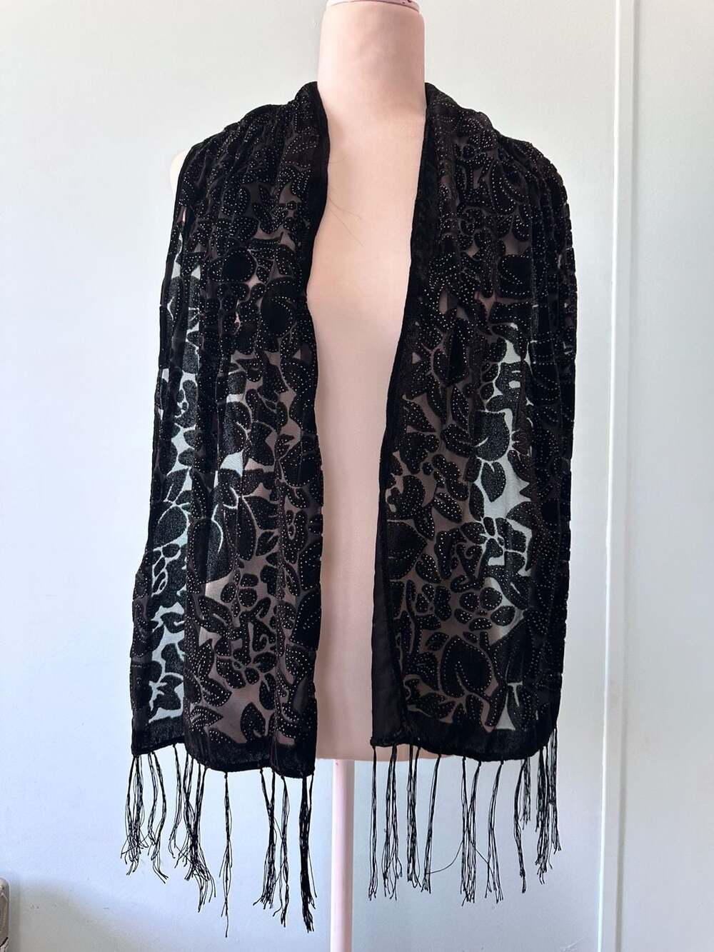 Julian Imports Silk Burnout Velvet Scarf Shawl Black Floral Fringe